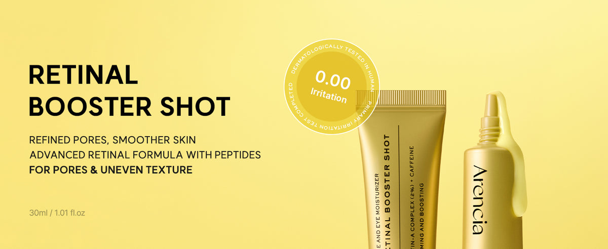 Gold Arencia Retinal Booster Shot 30ml tubes with pore and texture care messaging and a brand irritation-test badge