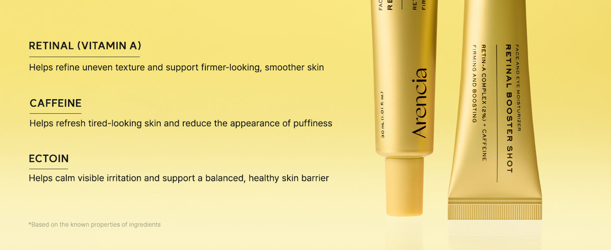 Retinal, caffeine and ectoin benefits beside two gold Arencia Retinal Booster Shot tubes
