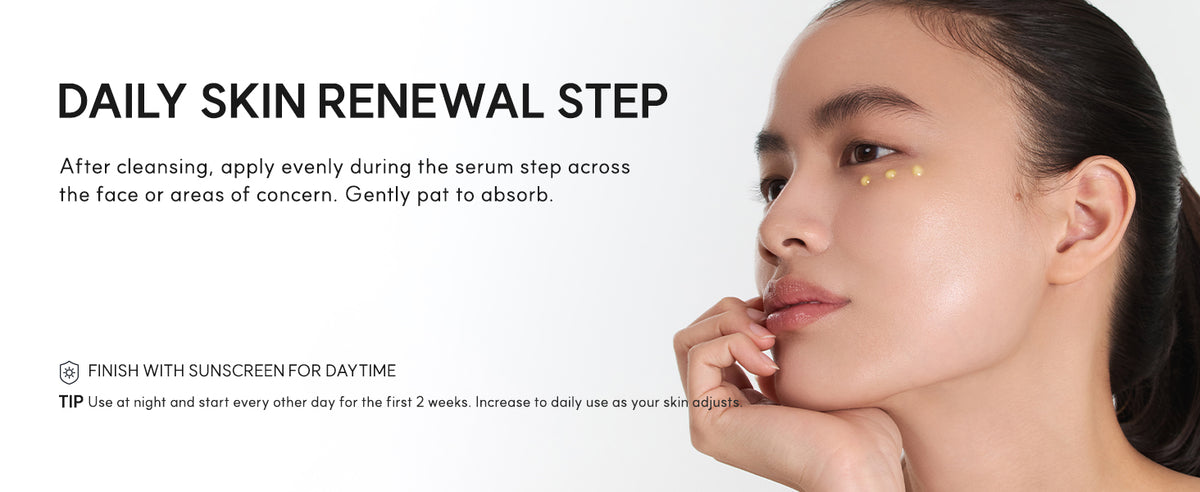 Model with Arencia Retinal Booster Shot dotted beneath the eye, with nighttime use, gradual introduction and daytime sunscreen guidance