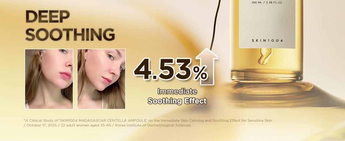 SKIN1004 Centella Ampoule study graphic with paired cheek photos and a reported 4.53% immediate soothing effect in 22 women.