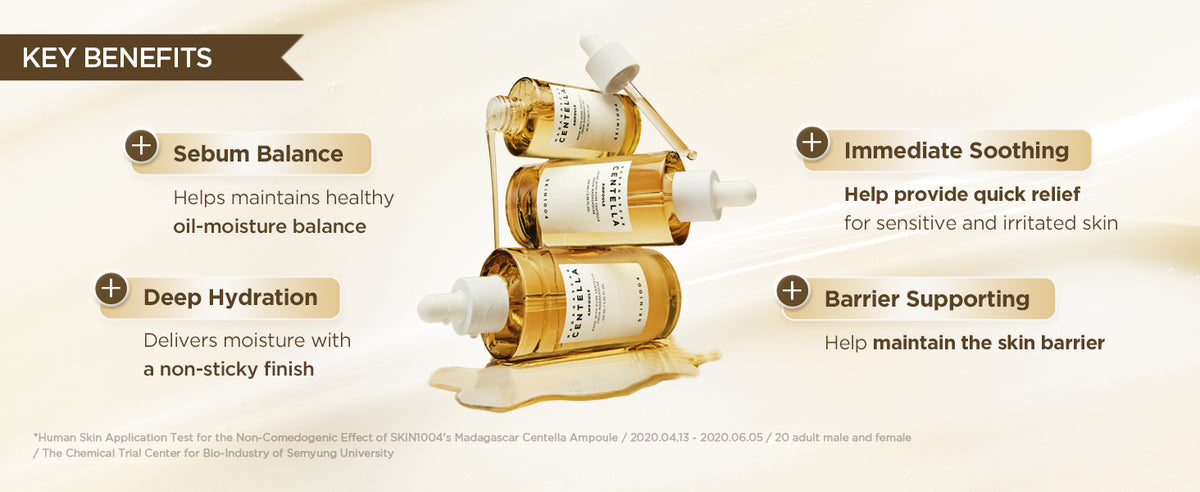 Three SKIN1004 Centella Ampoule bottles with benefit notes on soothing care, hydration, barrier support and oil-moisture balance.