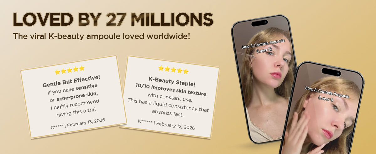 SKIN1004 Centella Ampoule review graphic with two five-star excerpts and application photos describing gentleness and fast absorption.