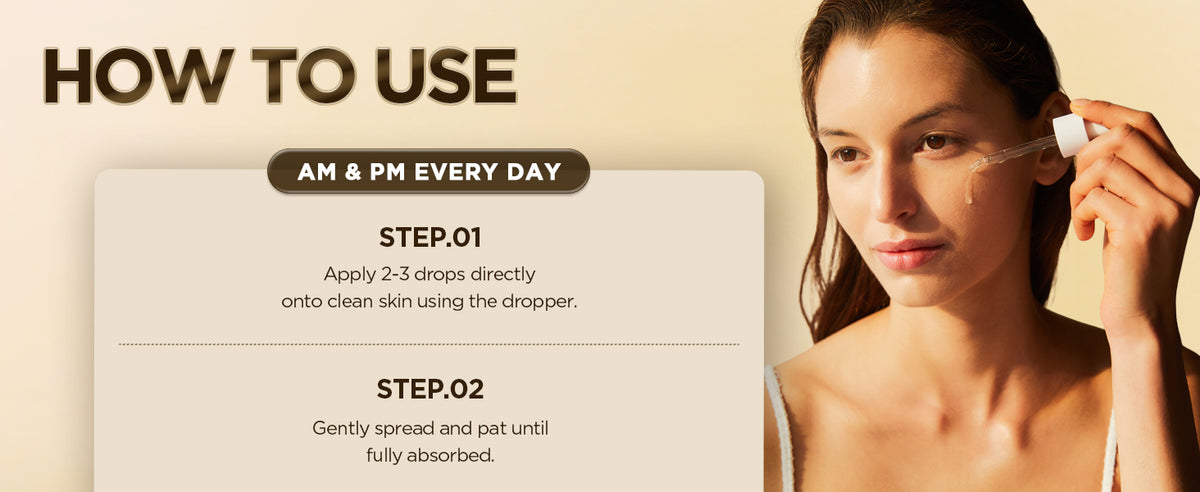 Model applying SKIN1004 Centella Ampoule; directions show two to three drops on clean skin, then spreading and patting, morning and evening.