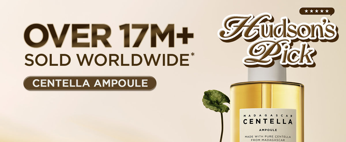 SKIN1004 Madagascar Centella Ampoule bottle and Centella leaf with a reported worldwide sales milestone of over 17 million.