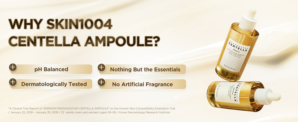 SKIN1004 Centella Ampoule formula highlights: pH balance, essential ingredients, no artificial fragrance and dermatological testing.