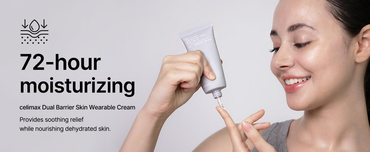 celimax Dual Barrier Skin Wearable Cream A+ hero panel introducing the ceramide moisturizer for dry, sensitive skin.