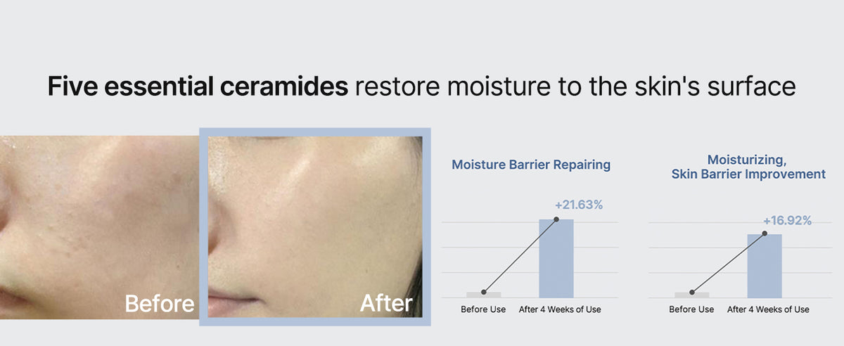 celimax Dual Barrier Skin Wearable Cream A+ panel highlighting five essential ceramides for moisture barrier support.