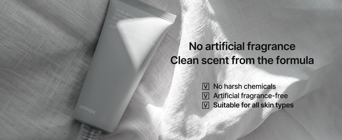 celimax Dual Barrier Skin Wearable Cream A+ panel highlighting its artificial fragrance-free formula without parabens, sulfates, or SLS.