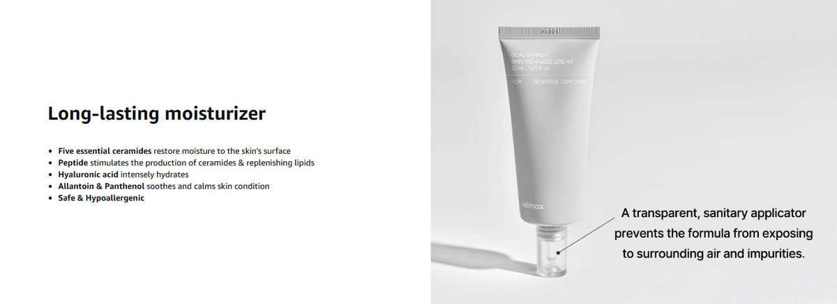 celimax Dual Barrier Skin Wearable Cream long-lasting moisturizer A+ panel highlighting ceramides, peptide, hyaluronic acid, allantoin, and panthenol.