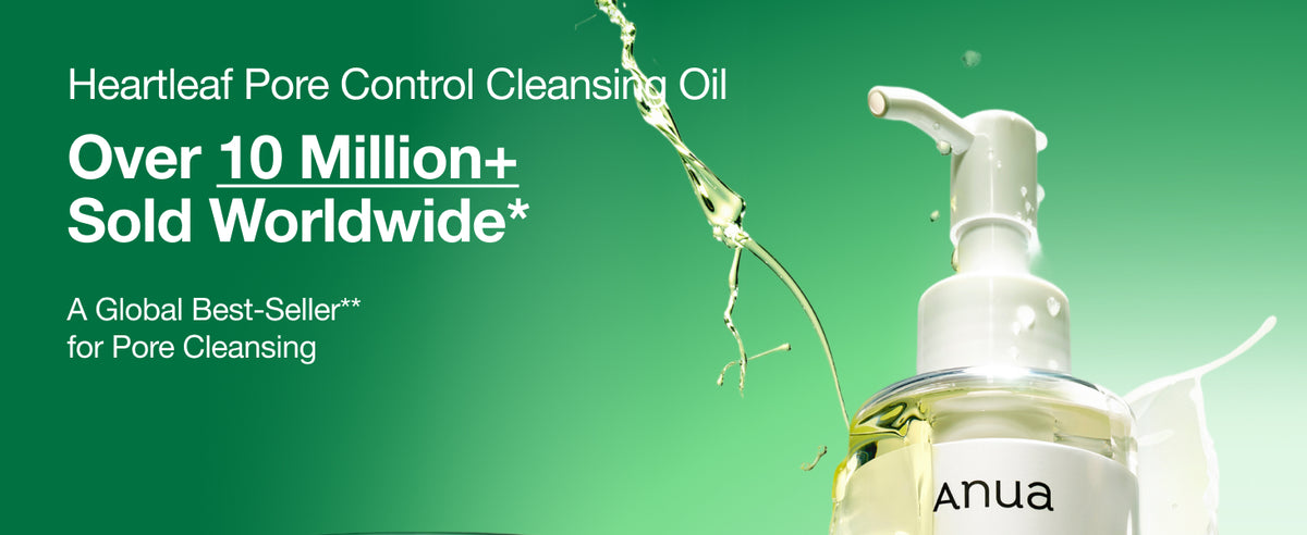 ANUA Heartleaf Pore Control Cleansing Oil A+ panel highlighting over 10 million sold worldwide with product bottle and oil splash.