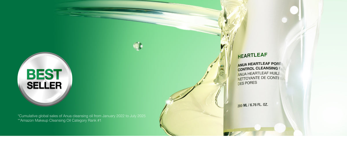 ANUA Heartleaf Pore Control Cleansing Oil A+ panel with Best Seller badge and pump bottle in cleansing oil splash.
