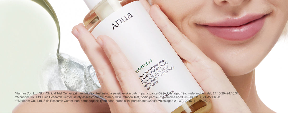 ANUA Heartleaf Pore Control Cleansing Oil A+ panel showing cleansing oil applied to skin with the product bottle.