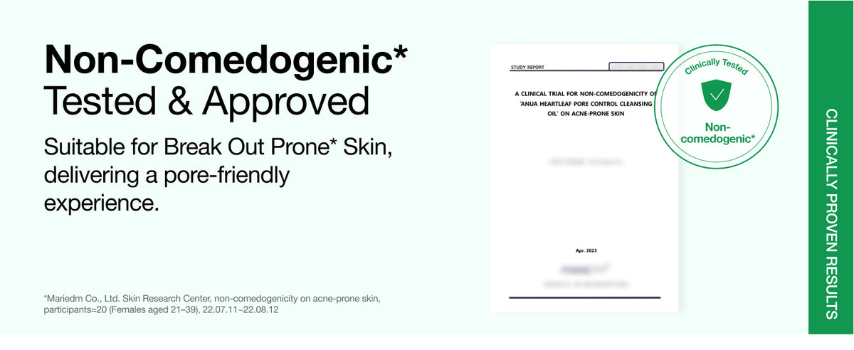 ANUA Heartleaf Pore Control Cleansing Oil non-comedogenic testing panel with certificate and product testing seal.