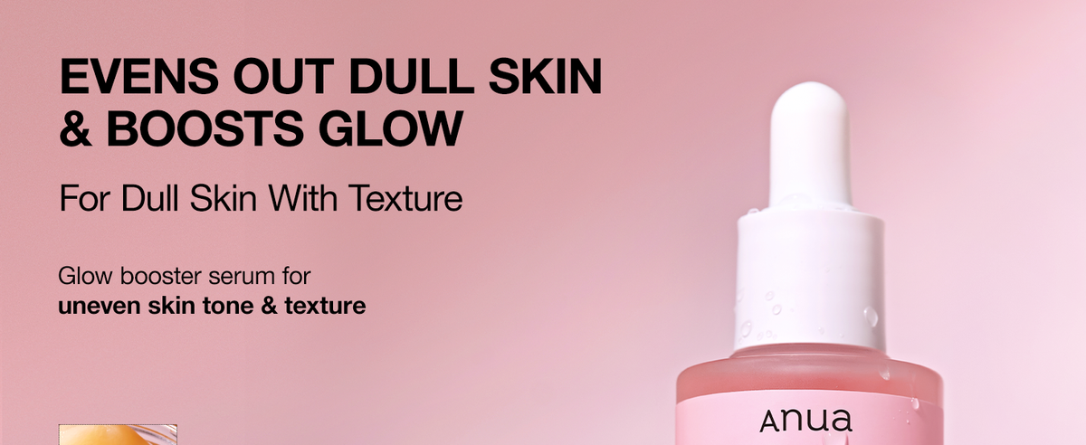 ANUA Peach 70% Niacinamide Serum pink dropper bottle, with a glow-care panel for dull skin and uneven-looking tone and texture.