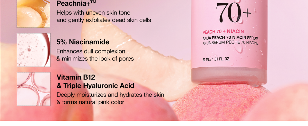 ANUA Peach serum ingredient panel highlighting Peachnia+, 5% niacinamide, vitamin B12 and triple hyaluronic acid.