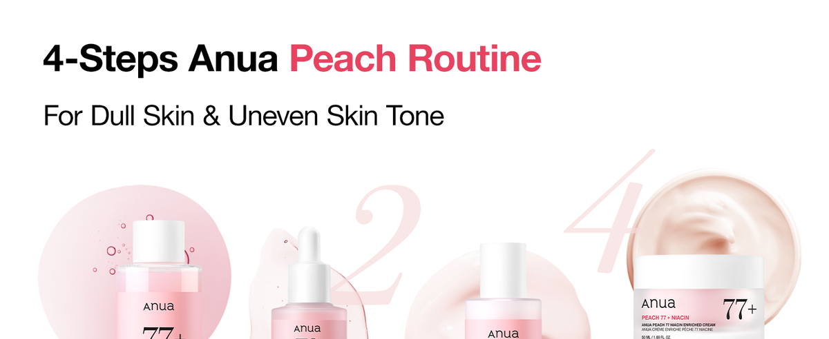 ANUA Peach four-step skincare routine for dullness and uneven tone, with toner, serum, milk lotion and cream.