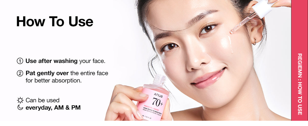 Model applying ANUA Peach serum to her cheek; use after cleansing, pat gently over the face, morning and night.