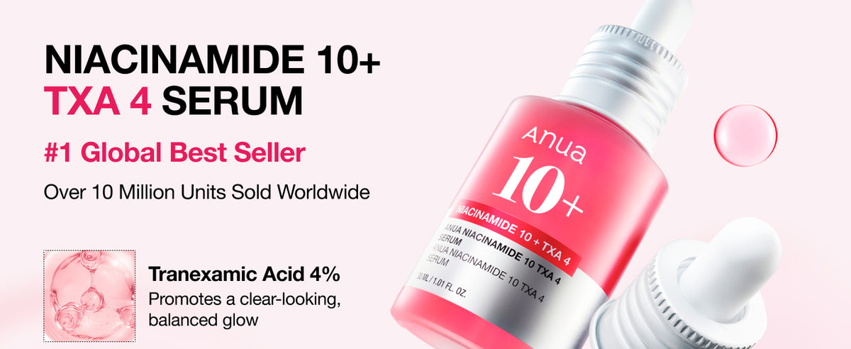 ANUA Niacinamide 10% + TXA 4% Serum bottle and dropper with a bestseller headline.