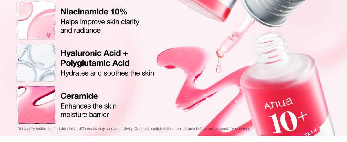 ANUA Niacinamide 10% + TXA 4% Serum ingredient guide for niacinamide, hyaluronic acid, polyglutamic acid and ceramide.