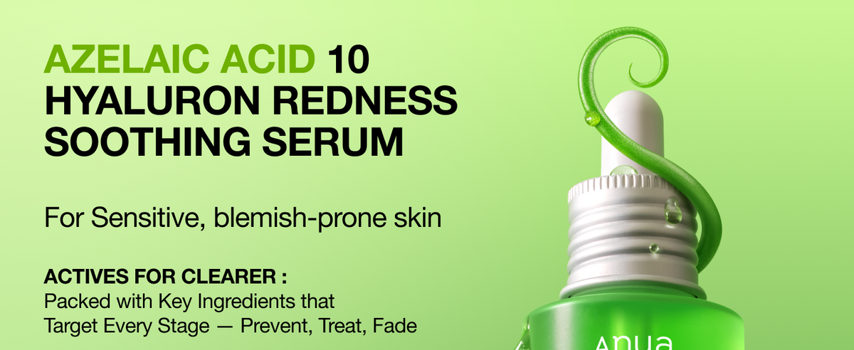 ANUA Azelaic Acid 10 Hyaluron Redness Soothing Serum product overview with 10% azelaic acid and hyaluronic acid