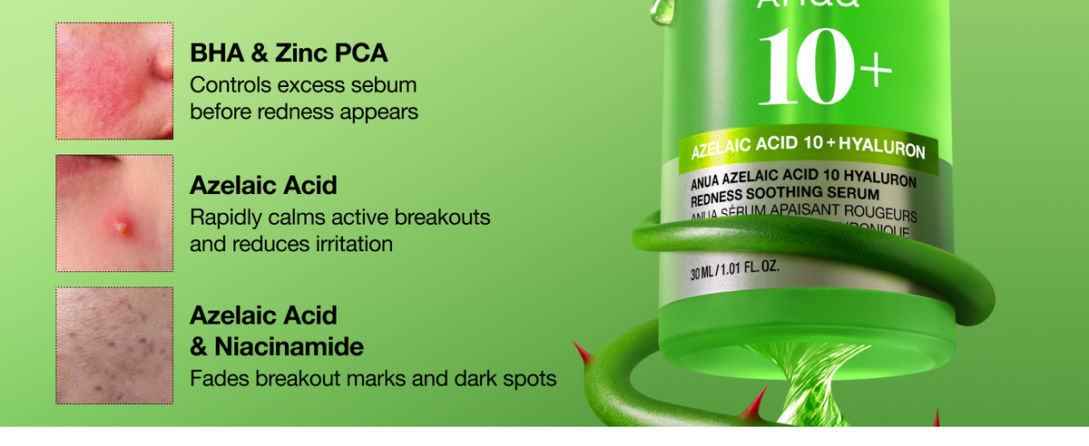 ANUA Azelaic Acid 10 Hyaluron Redness Soothing Serum ingredient callouts for BHA, zinc PCA, azelaic acid, and niacinamide