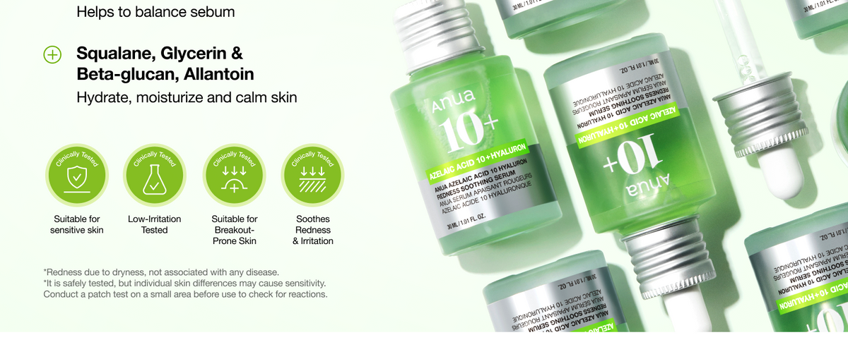 ANUA Azelaic Acid 10 Hyaluron Redness Soothing Serum ingredient benefits and sebum balance graphic