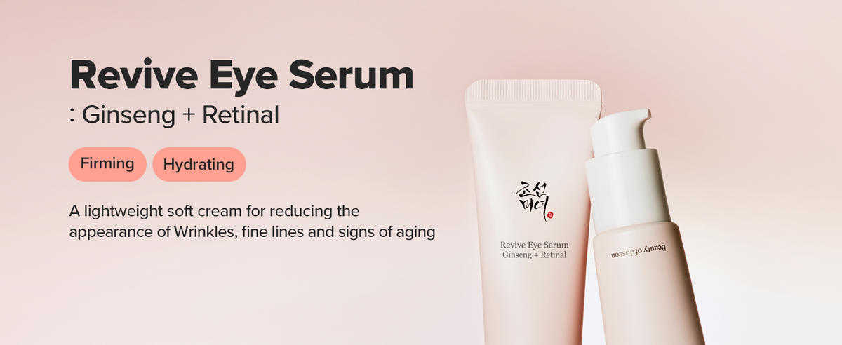 Beauty of Joseon Revive Eye Serum Ginseng + Retinal firming and hydrating overview with two pink pump tubes on a blush background.
