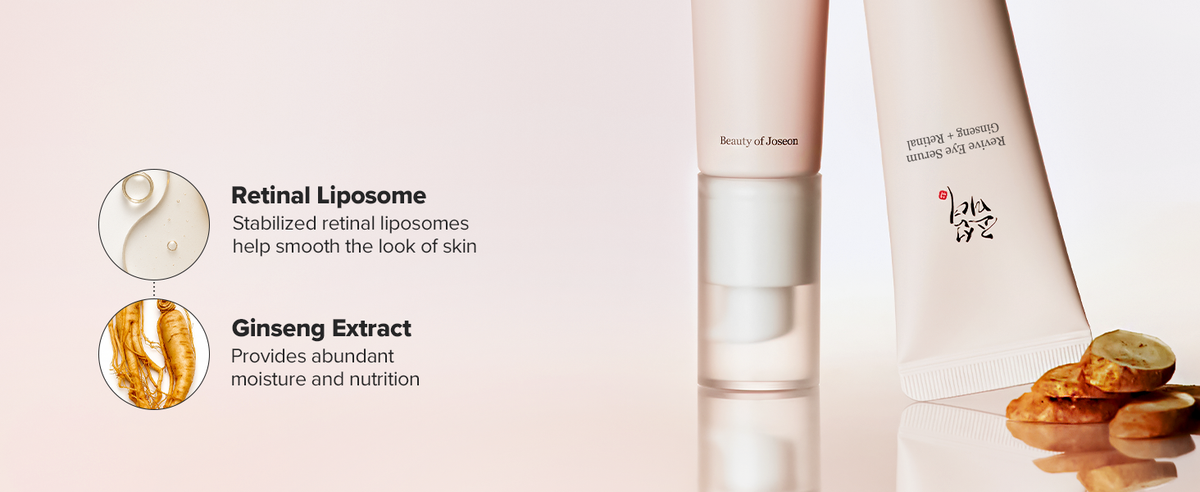 Beauty of Joseon Revive Eye Serum ingredient panel showing retinal liposomes for smoothing and ginseng extract for moisture, with tubes and ginseng root.