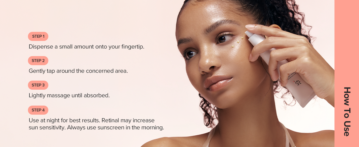 Beauty of Joseon Revive Eye Serum four-step application guide with a model applying serum near the eye, nighttime use and morning sunscreen guidance.