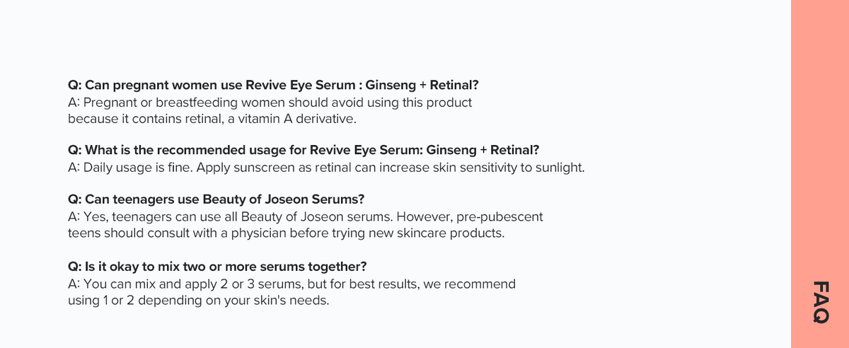 Beauty of Joseon Revive Eye Serum FAQ covering pregnancy and breastfeeding precautions, daily use, sunscreen, teen use and serum layering.