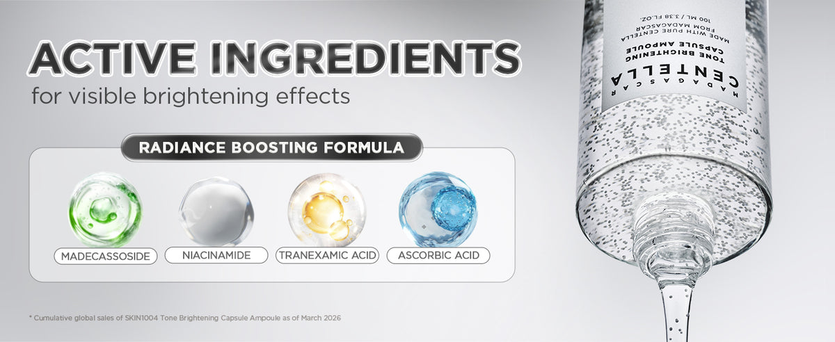Ingredient graphic naming madecassoside, niacinamide, tranexamic acid and ascorbic acid beside a 100ml ampoule bottle.