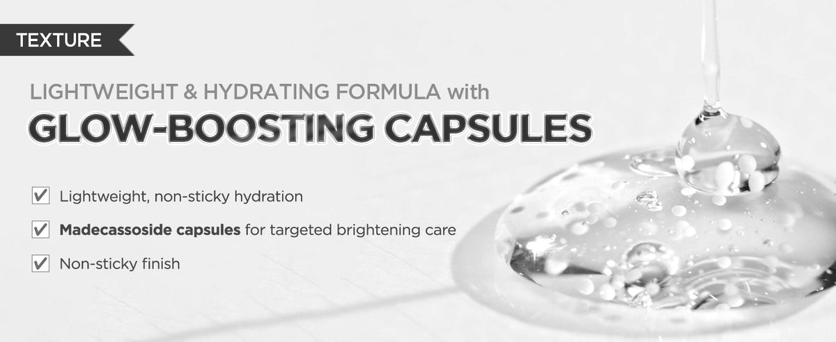 SKIN1004 ampoule texture with clear serum and white madecassoside capsules, described as lightweight, hydrating and non-sticky.