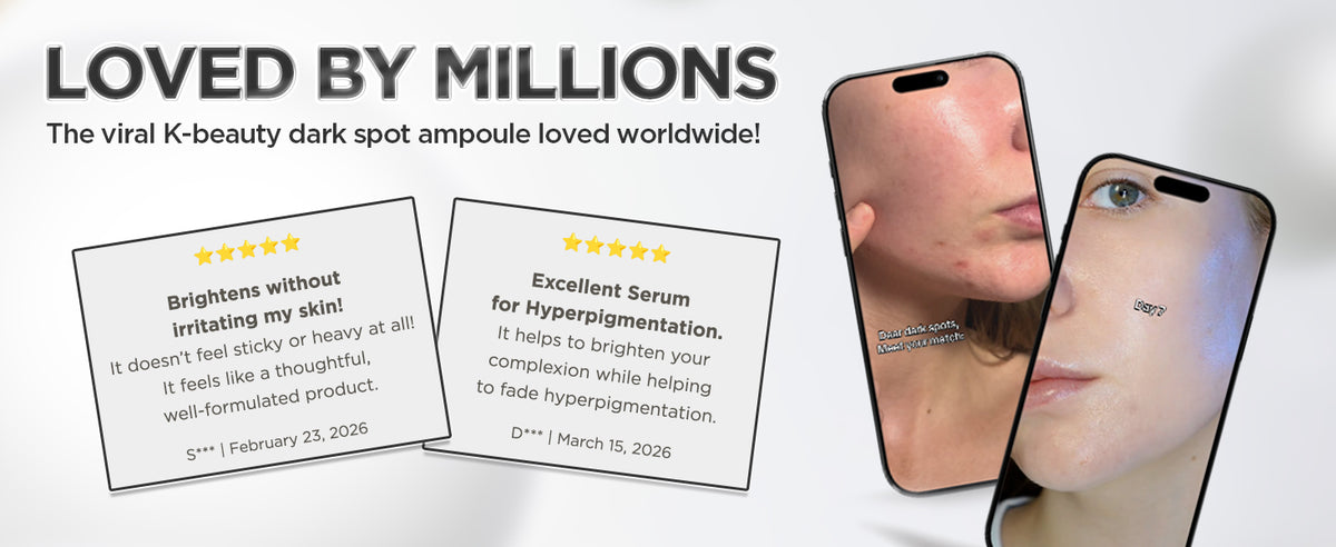 Supplied customer review excerpts and cheek photos describing the brightening effect and lightweight feel of SKIN1004 ampoule.