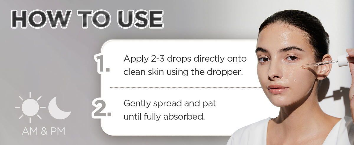 SKIN1004 ampoule application guide: apply two to three drops to clean skin, gently spread and pat until absorbed.
