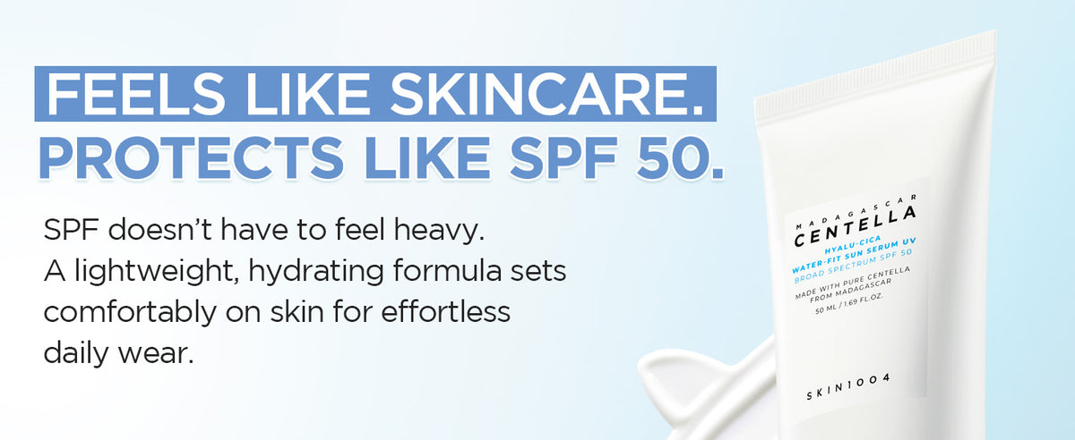 SKIN1004 Hyalu-Cica Water-Fit Sun Serum UV SPF 50 50ml tube and cream texture, with lightweight hydration highlights.