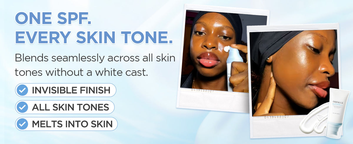 SKIN1004 Hyalu-Cica Sun Serum UV application and finish photos illustrating blending without a white cast.