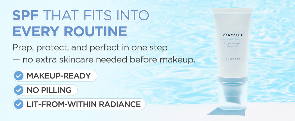 SKIN1004 Hyalu-Cica Sun Serum UV pump tube with makeup-ready layering, no-pilling and radiant finish highlights.