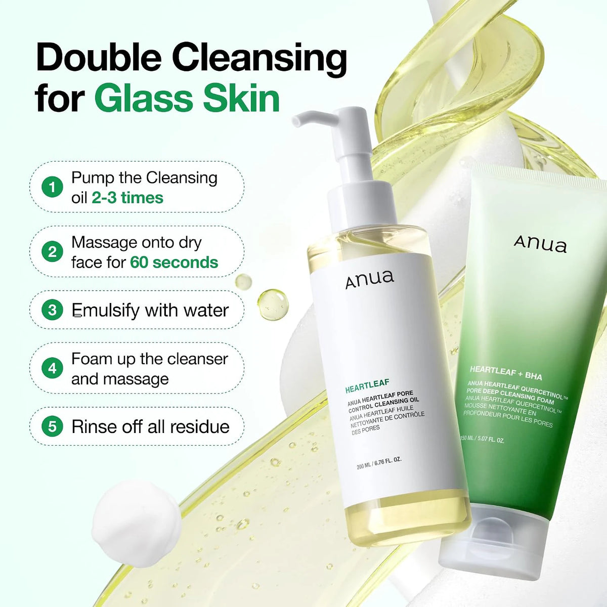 ANUA Heartleaf Double Cleansing Duo with five steps for using the cleansing oil and foam cleanser.