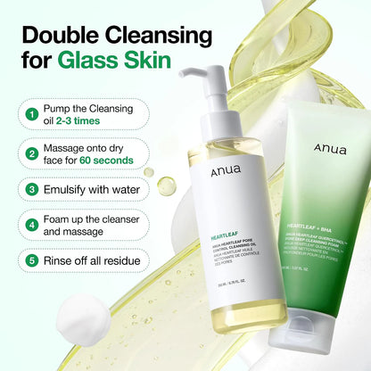 ANUA Heartleaf Double Cleansing Duo with five steps for using the cleansing oil and foam cleanser.