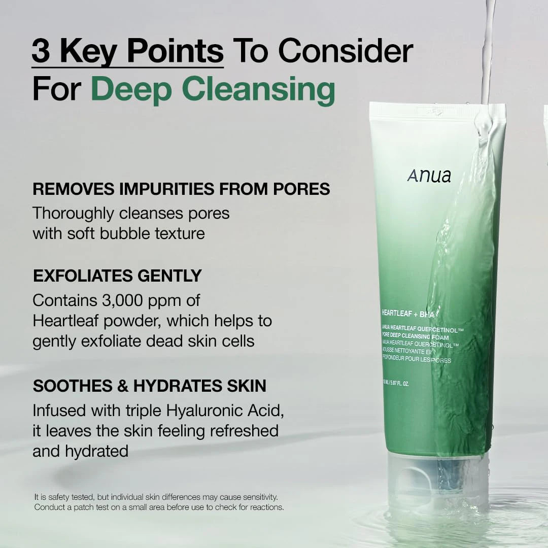 ANUA Heartleaf pore deep cleansing foam infographic describing pore cleansing, gentle exfoliation, and hydration.
