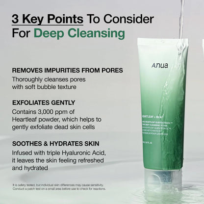 ANUA Heartleaf pore deep cleansing foam infographic describing pore cleansing, gentle exfoliation, and hydration.