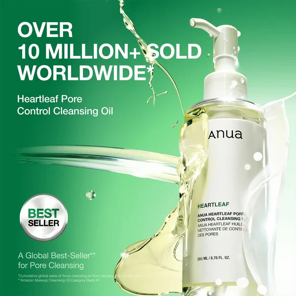 ANUA Heartleaf Pore Control Cleansing Oil pump bottle with a green splash and a global bestseller claim.