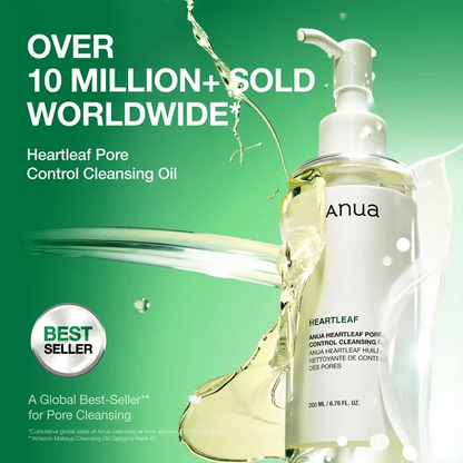 ANUA Heartleaf Pore Control Cleansing Oil pump bottle with a green splash and a global bestseller claim.
