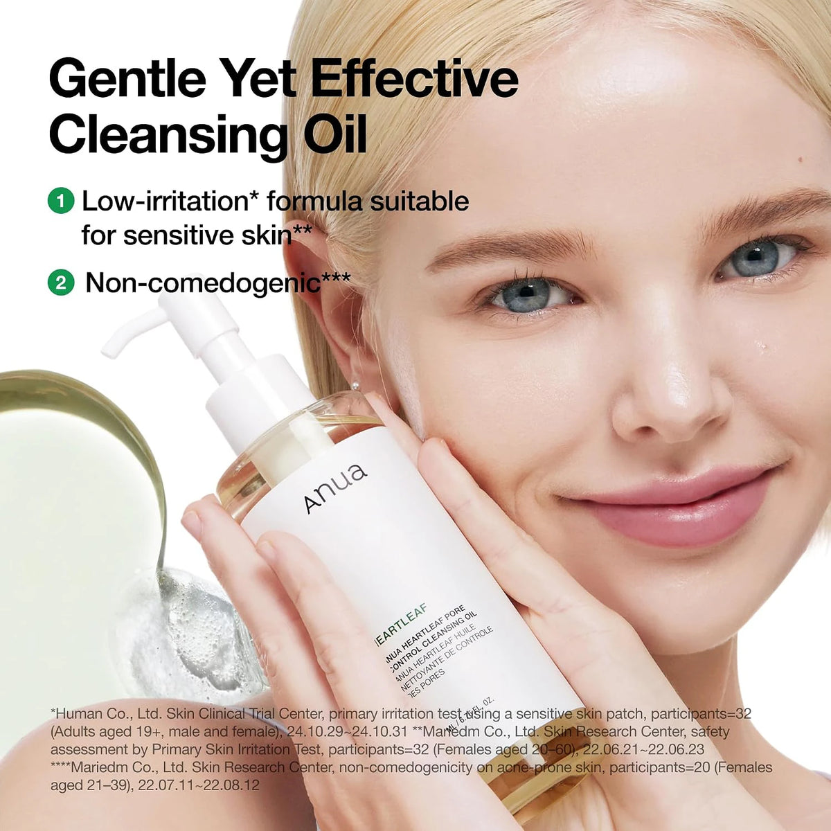 A model holding ANUA Heartleaf Pore Control Cleansing Oil beside claims about sensitive skin and non-comedogenic testing.