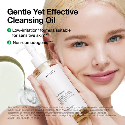 A model holding ANUA Heartleaf Pore Control Cleansing Oil beside claims about sensitive skin and non-comedogenic testing.