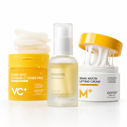 Hydration & Glow Starter Set with vitamin C toner pads, mixsoon Bean Essence, and #OOTD Snail Mucin Lifting Cream shown together.