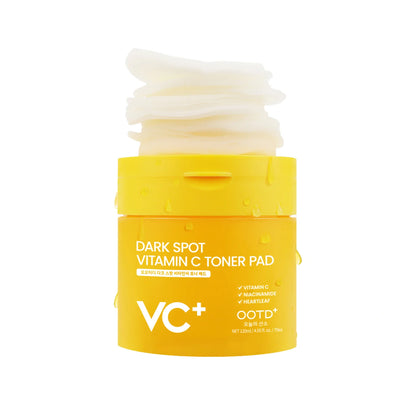 Open #OOTD Dark Spot Vitamin C Toner Pad jar with stacked toner pads on a white background.