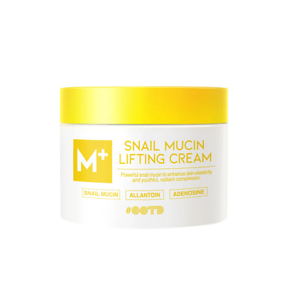 Front of #OOTD Snail Mucin Lifting Cream jar with yellow lid on a white background.
