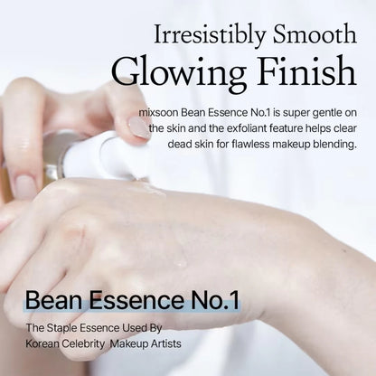 mixsoon Bean Essence being applied to the back of a hand beside a product texture and finish graphic.