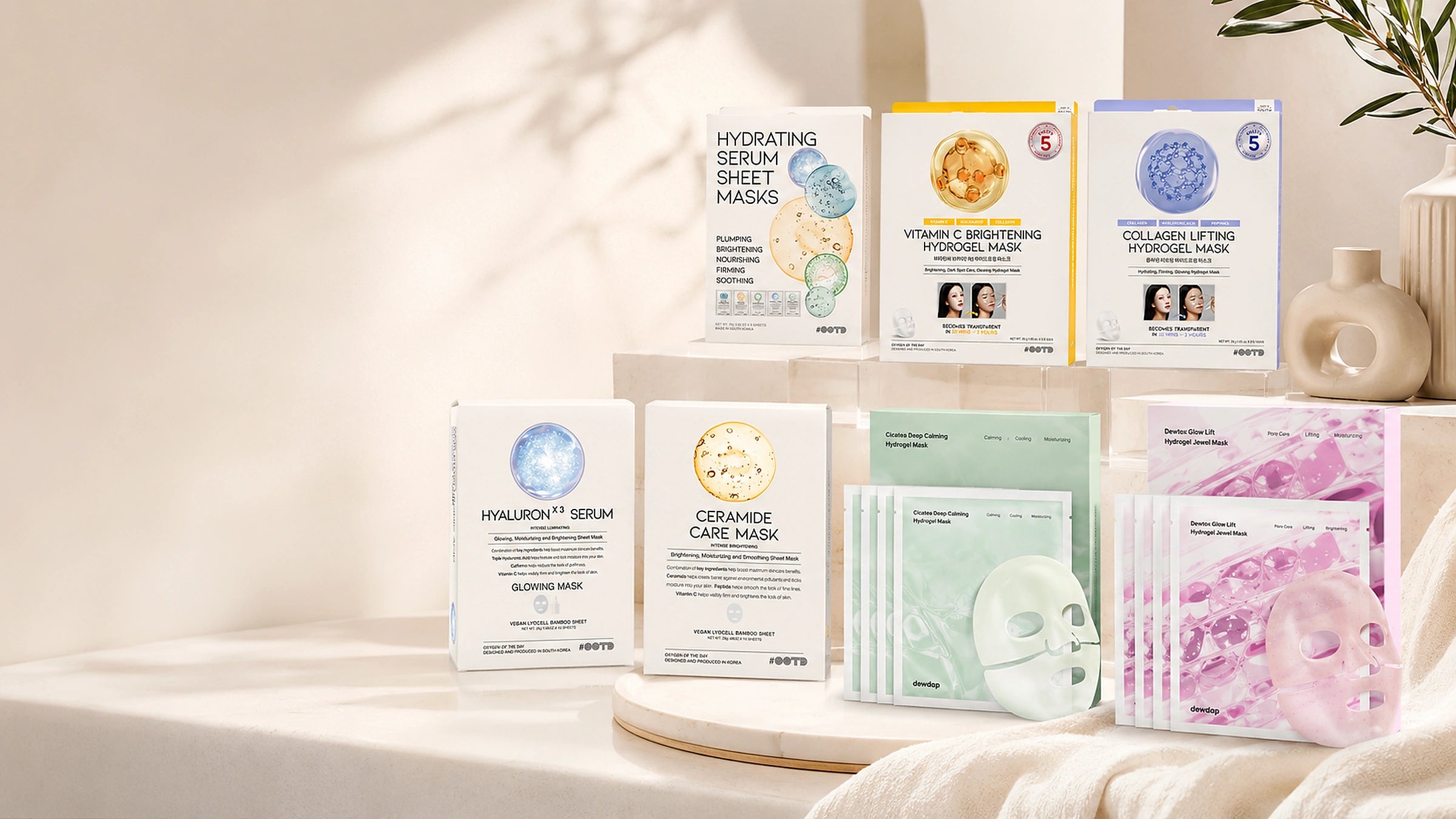 Collection of Korean facial mask packages on a neutral background with decorative elements.